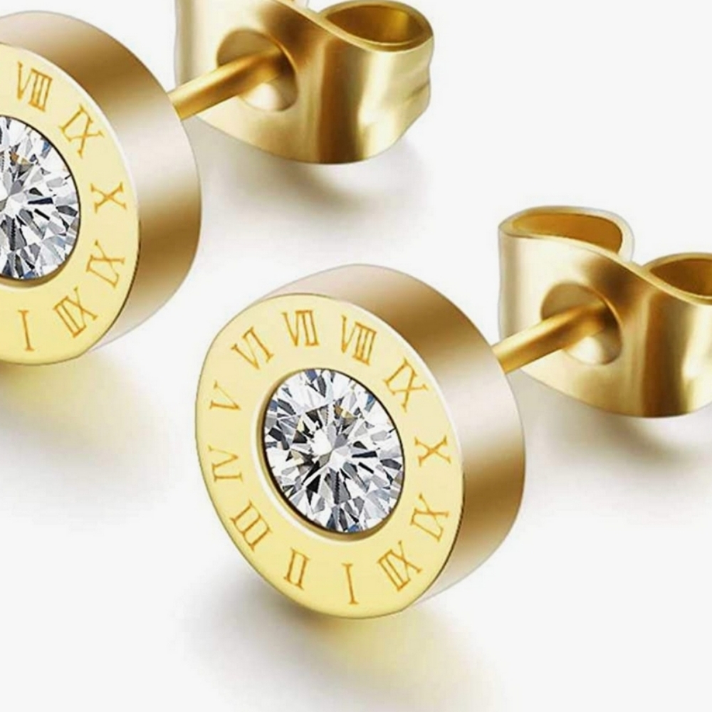 Gold stud earrings rhinestone Roman numerals stainless steel elegant - Picture 4 of 8